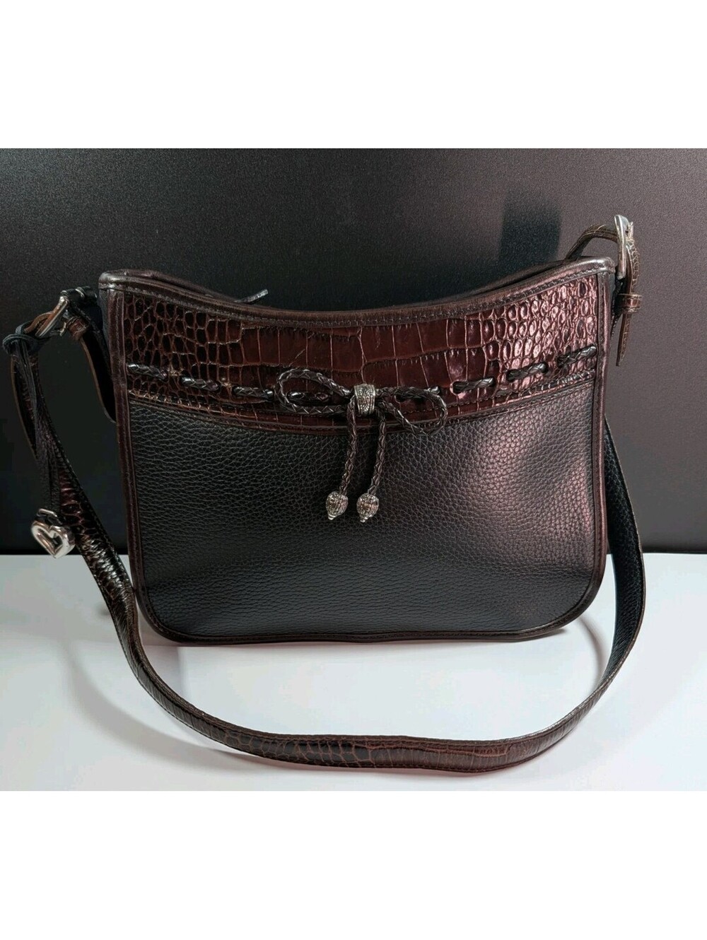 Brighton Womens Brown Black Croc Embossed Leather Crossbody Shoulder Bag